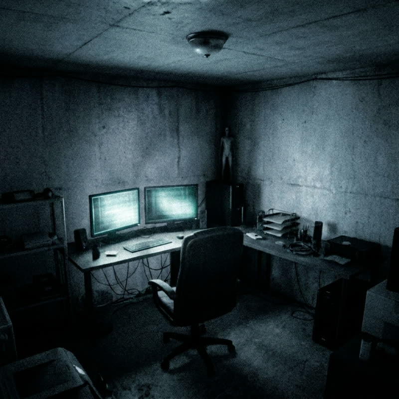 Camera D live view: a small pale figure stands far away in the back corner of the review room.