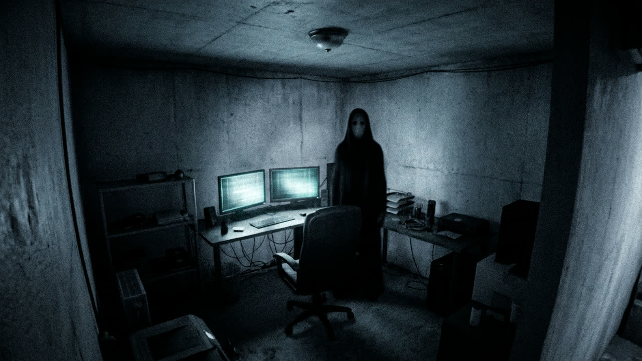 A grainy high-corner security view of a small dim concrete review room: a desk with two glowing monitors, an empty office chair, and a tall dark pale-faced figure standing very close beside it.