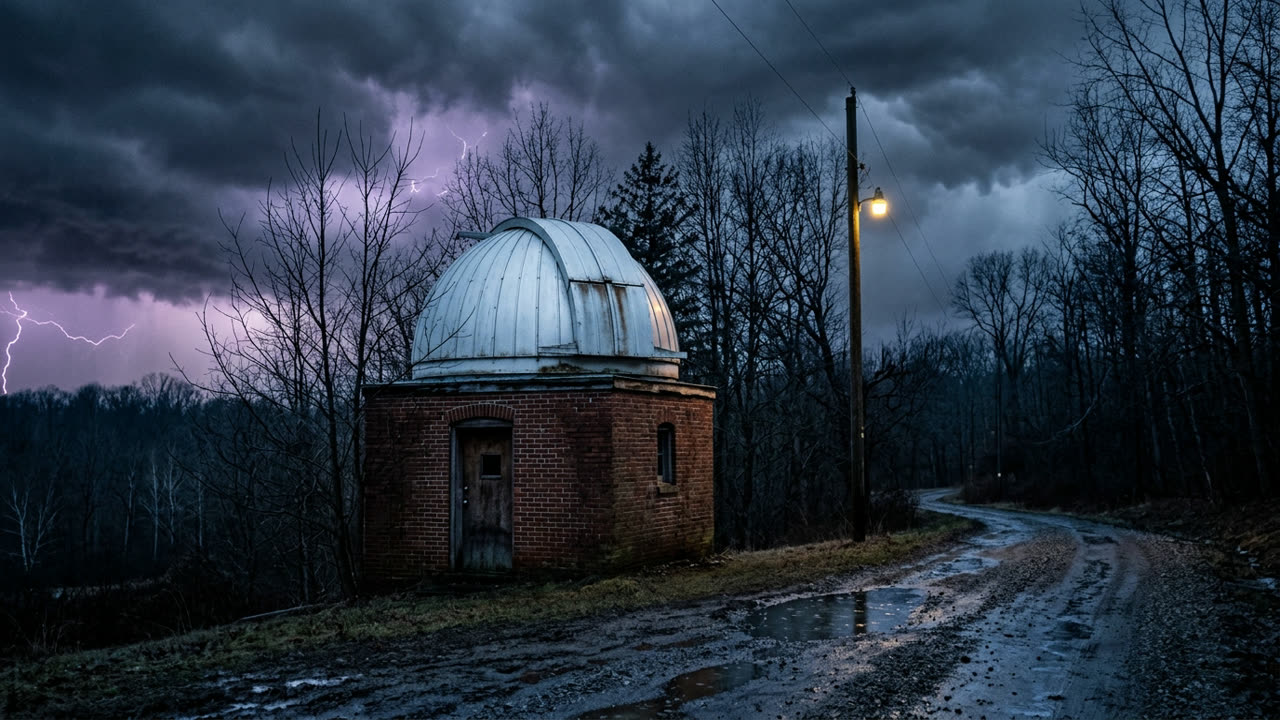 A small brick observatory building with a corrugated white dome beside a wet gravel road at night, bare trees around it, a lone lit lamp post and lightning in a heavy purple storm sky.