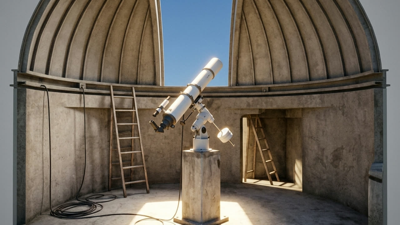 The same dome room in daylight, the open slit showing blue sky, sunlight on the telescope and its concrete pier, the ladder against the wall, nobody in the room.