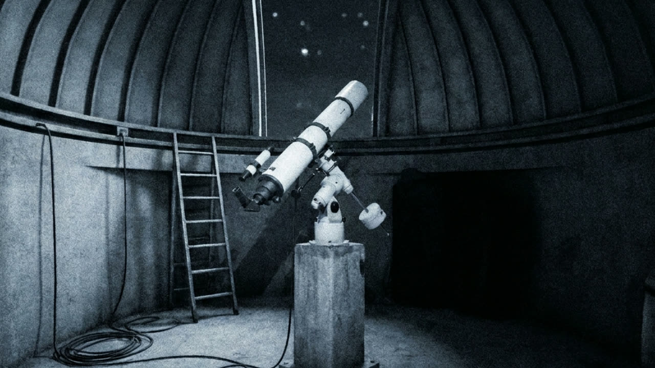 Camera A view of the empty dome room at night with the telescope on its pier, shown with its sensor noise pattern, which is even across the frame.