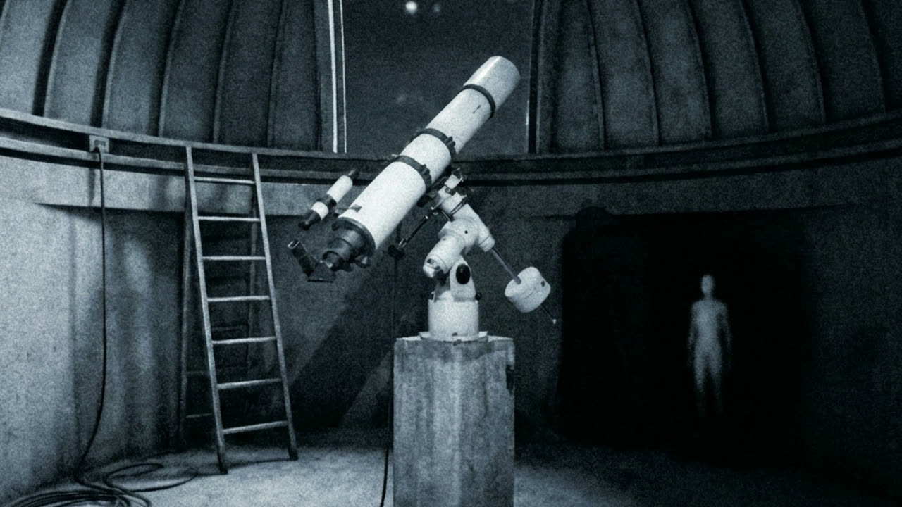 Grainy night footage from a fixed camera in an empty observatory dome room, a telescope on its pier at the centre and, very faintly at the back near the wall, a tall pale shape that could be a standing figure.