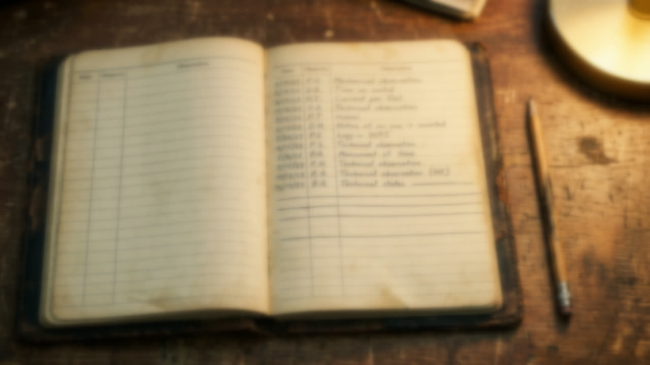 The observatory society's observing log lying open on a desk under a lamp, ruled columns of dates and initials in fading ink, the last filled line dated October 1994.